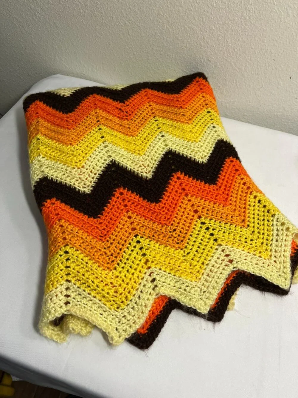 Vintage Crochet Afghan Chevron Zig Zag Orange Fall Autumn Colors 49 X 63